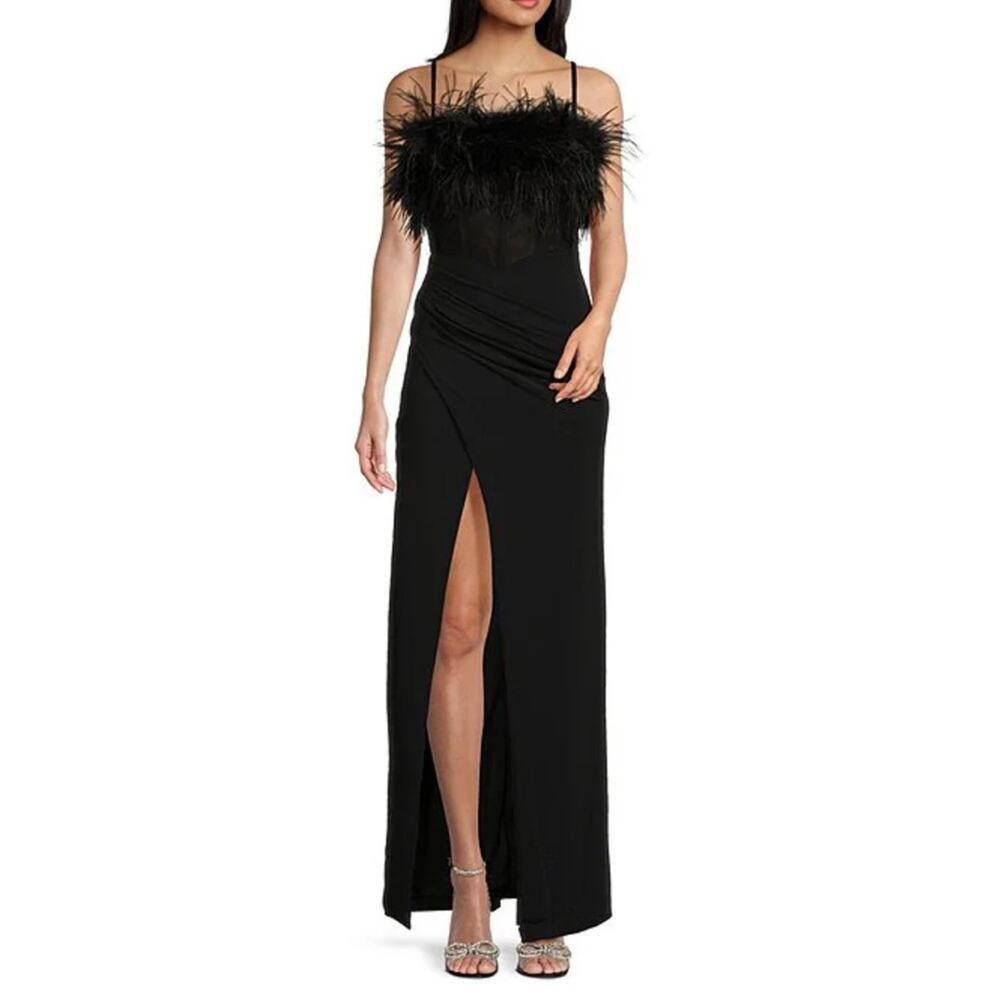 Dear Moon Matte Stretch Feathered Bodice Corset Pleated Slit Black Gown Sz 1